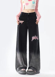 French Black Embroidered Pockets Denim Straight Pants Fall