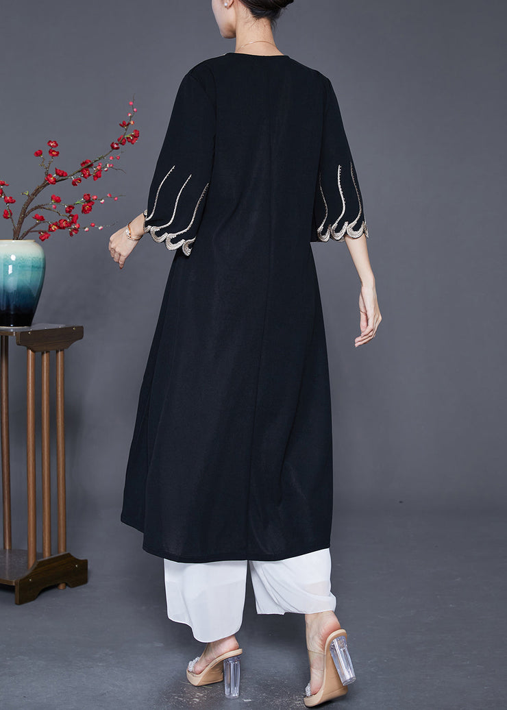 French Black Embroideried Zircon Exra Large Hem Long Dresses Summer