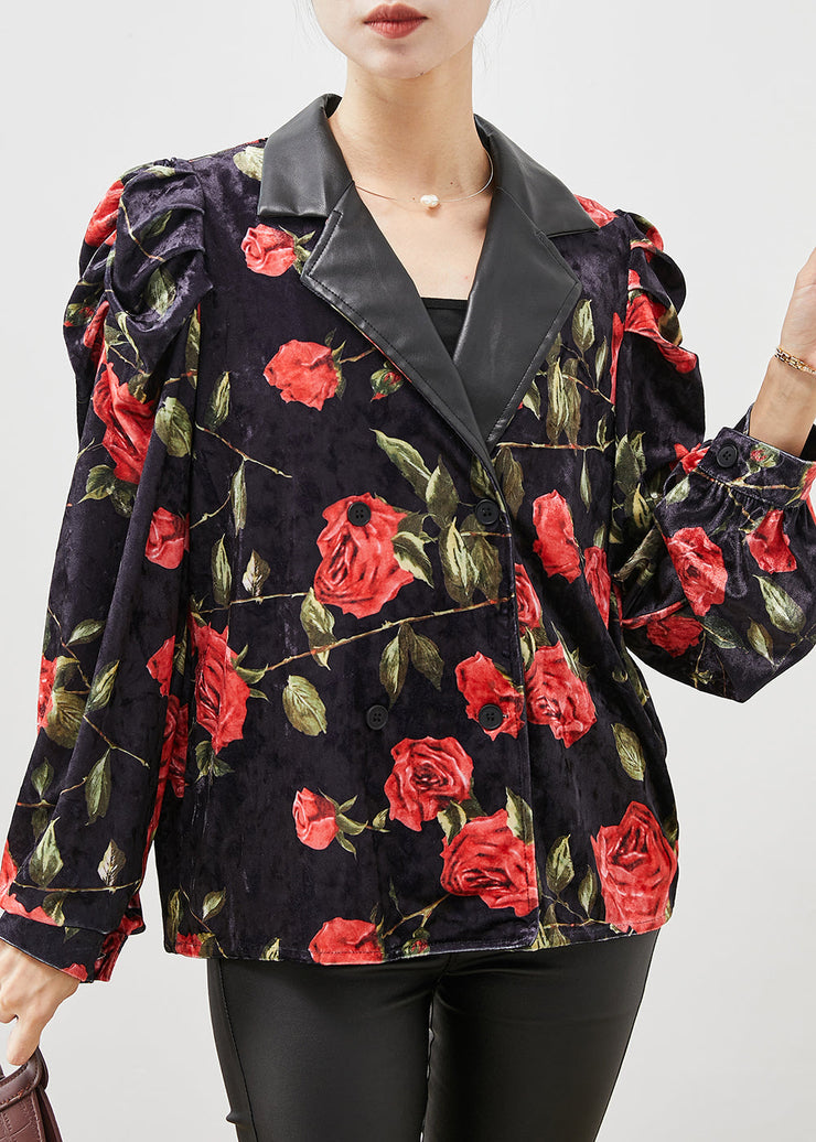 French Black Floral Double Breast Velour Coats Puff Sleeve