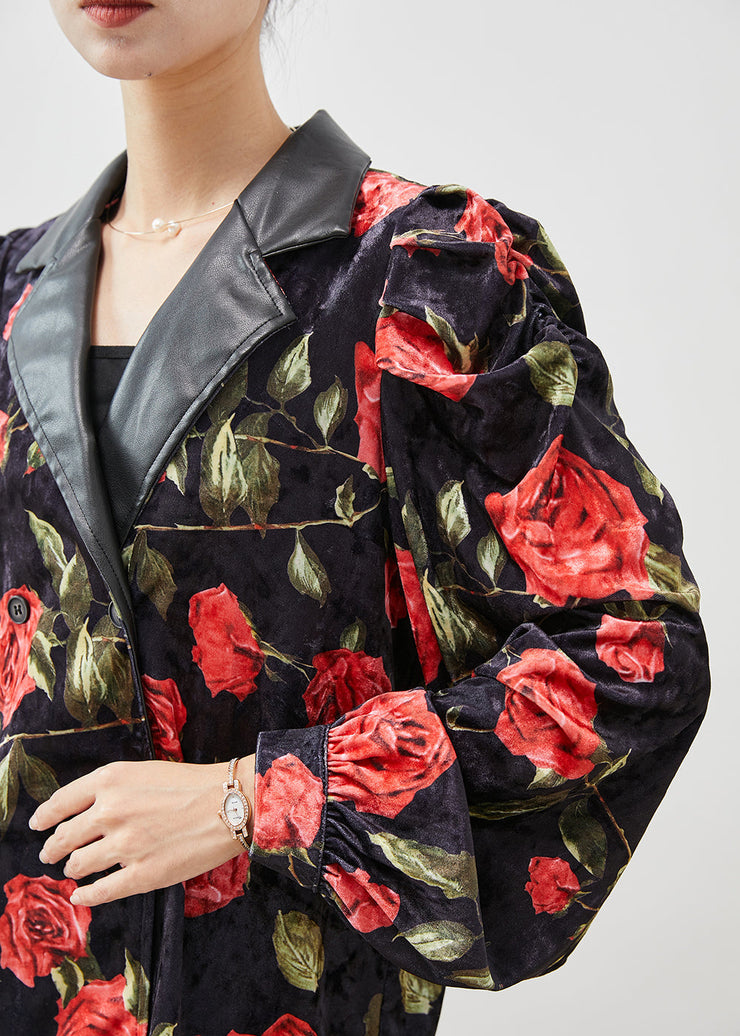 French Black Floral Double Breast Velour Coats Puff Sleeve