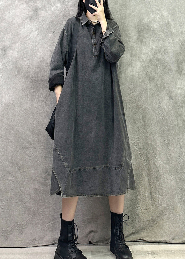 French Black Grey Peter Pan Collar Patchwork Denim Long Dresses Spring