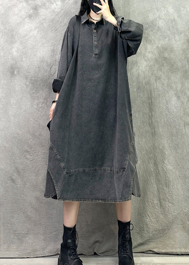 French Black Grey Peter Pan Collar Patchwork Denim Long Dresses Spring