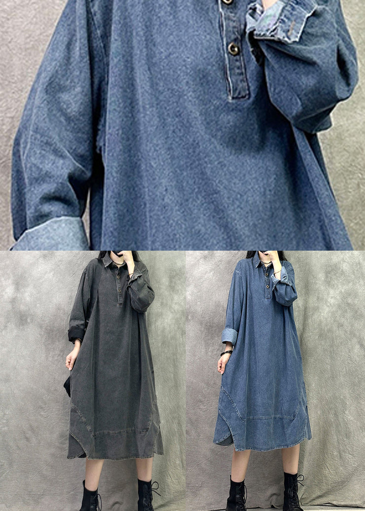 French Black Grey Peter Pan Collar Patchwork Denim Long Dresses Spring