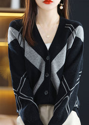 French Black Grey V Neck Print Lazy Knit Coats Long Sleeve