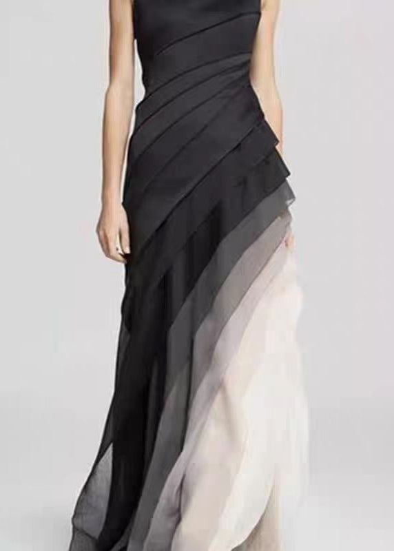 French Black High Waist Patchwork Tulle Maxi Dresses Sleeveless