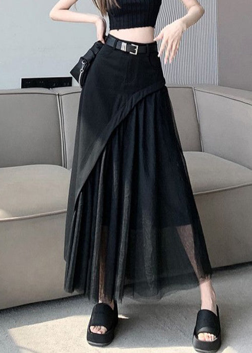 French Black High Waist Patchwork Tulle Skirt Summer