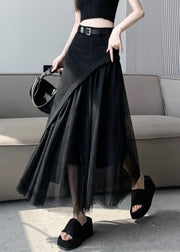 French Black High Waist Patchwork Tulle Skirt Summer