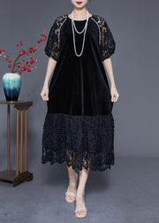 French Black Hollow Out Lace Patchwork Silk Velour Maxi Dresses Summer