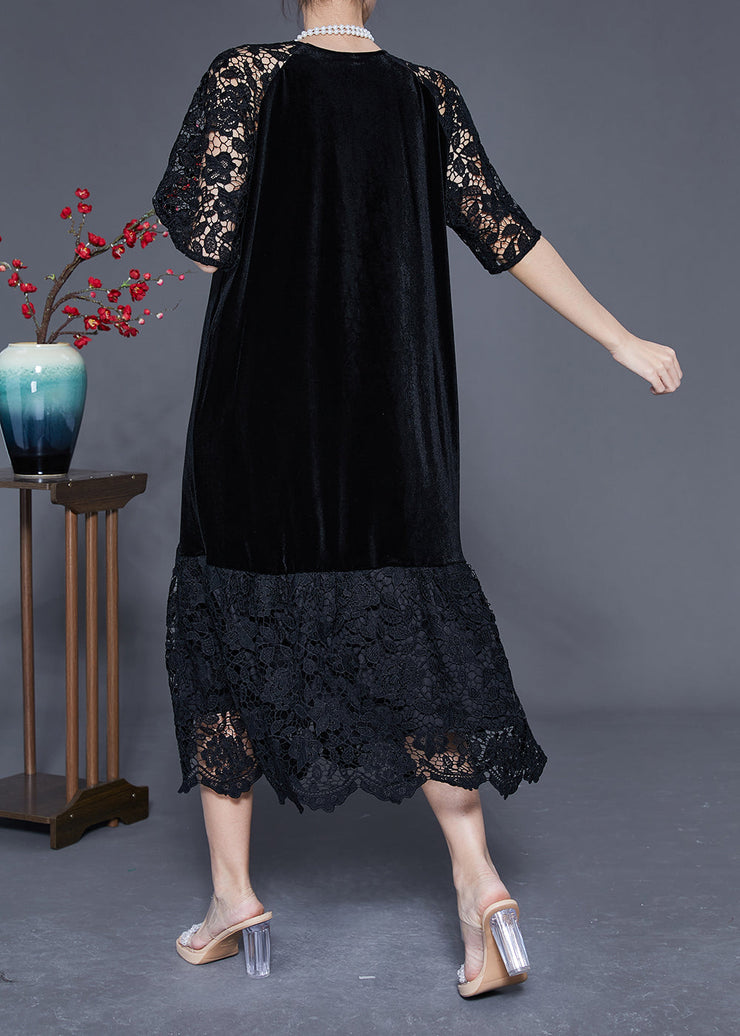 French Black Hollow Out Lace Patchwork Silk Velour Maxi Dresses Summer