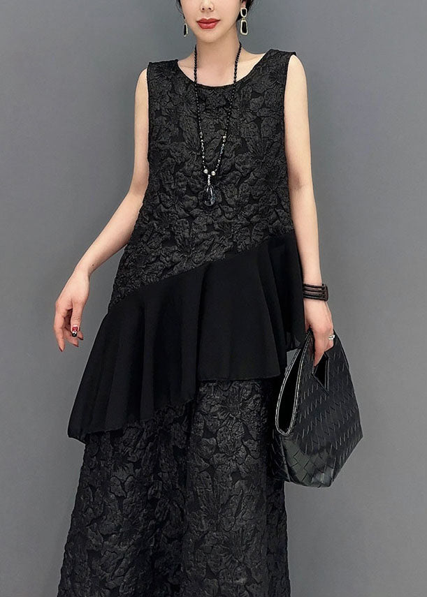 French Black Jacquard Asymmetrical Patchwork Ruffles Silk Two Piece Set Outfits Sleeveless