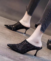 French Black Mesh Pointed Toe Zircon High Heels Slide Sandals