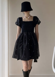 French Black Nail Bead Lace Up Tulle Mid Dress Puff Sleeve