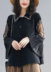 French Black Nail Bead Patchwork Cotton Shirt Top Flare Sleeve