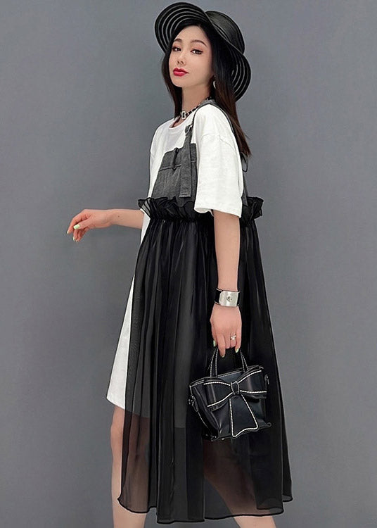 French Black O-Neck Denim Tulle Patchwork Dress Short Sleeve