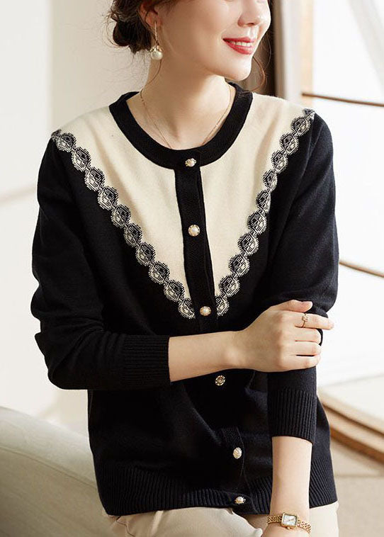 French Black O-Neck Patchwork Button Knit Coats Long Sleeve