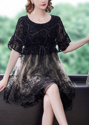 French Black O-Neck Patchwork Organza Cinch Dress Summer