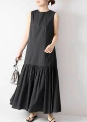 French Black O Neck Patchwork Wrinkled Cotton Dresses Sleeveless