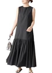 French Black O Neck Patchwork Wrinkled Cotton Dresses Sleeveless