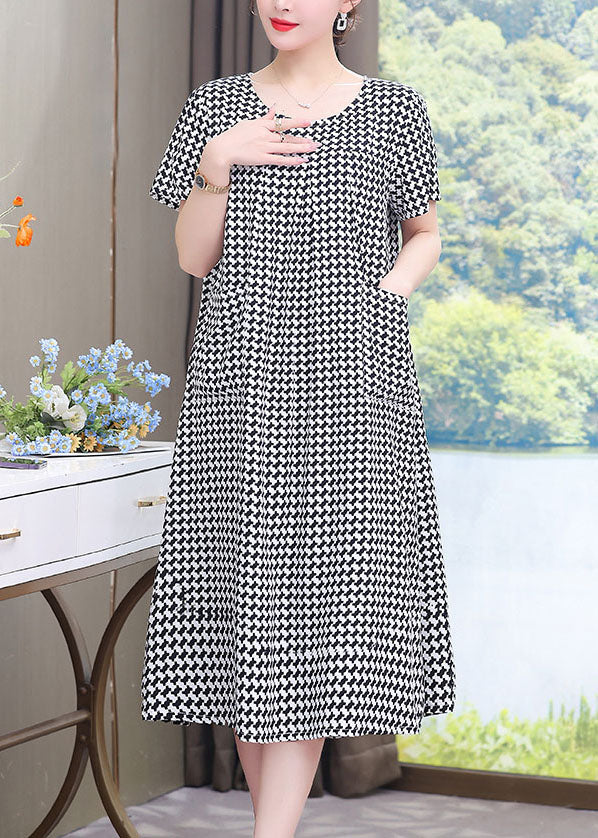 French Black O-Neck Plaid Patchwork Maxi Dresses Summer