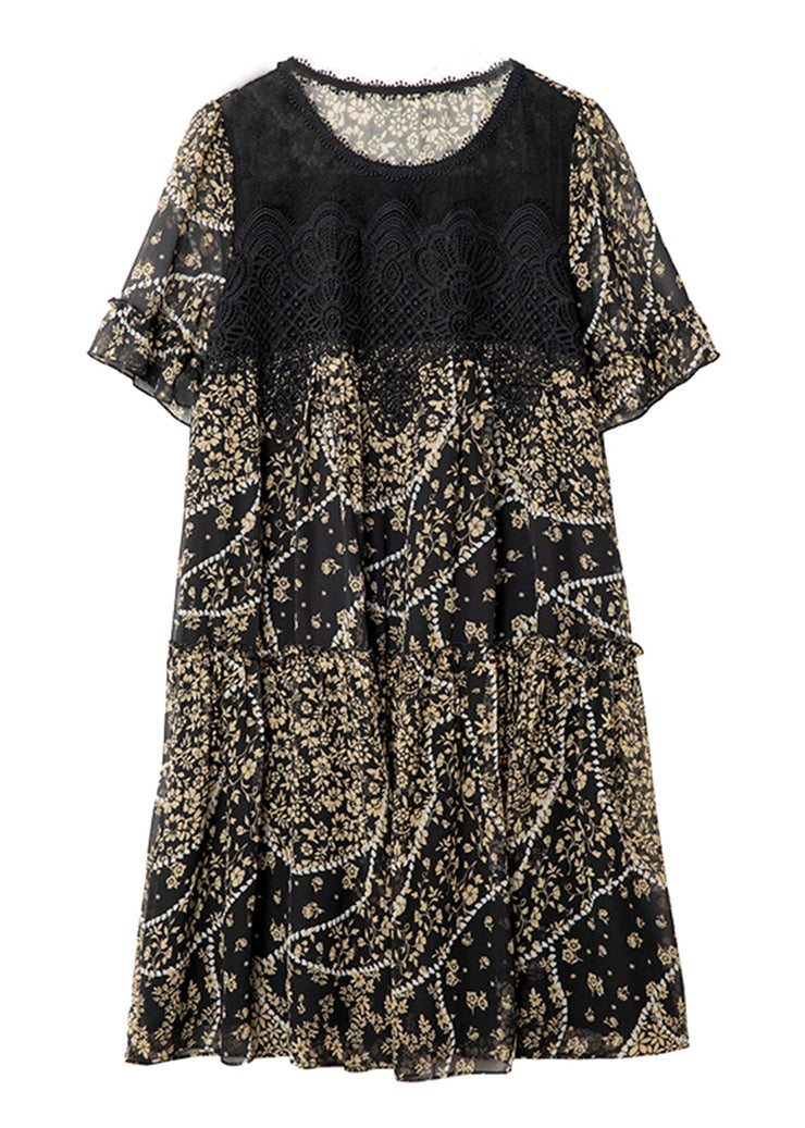 French Black O-Neck Print Long Dress Short Sleeve