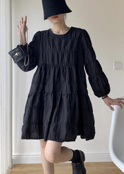 French Black O Neck Wrinkled Patchwork Cotton Mid Dresses Fall