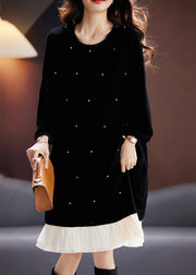 French Black O Neck Zircon Patchwork Velvet Dresses Long Sleeve