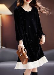 French Black O Neck Zircon Patchwork Velvet Dresses Long Sleeve