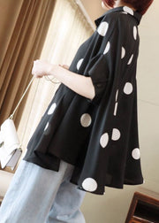 French Black Oversized Dot Print Chiffon Tops Batwing Sleeve