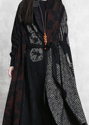 French Black Oversized Patchwork Print Cotton Loose Cardigan Batwing Sleeve