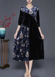 French Black Oversized Patchwork Silk Velour Dresses Half Sleeve