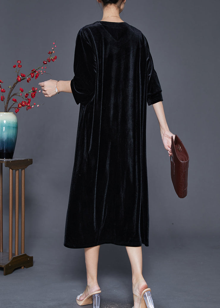 French Black Oversized Patchwork Silk Velour Dresses Half Sleeve