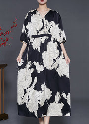 French Black Oversized Print Silk Dresses Summer