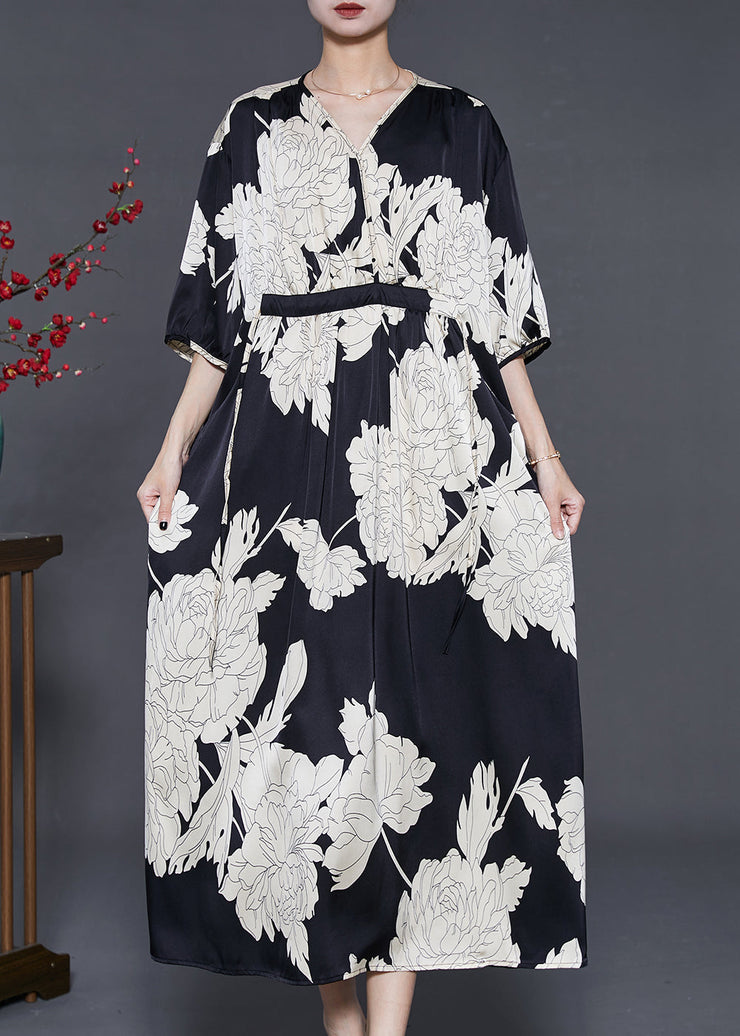 French Black Oversized Print Silk Dresses Summer