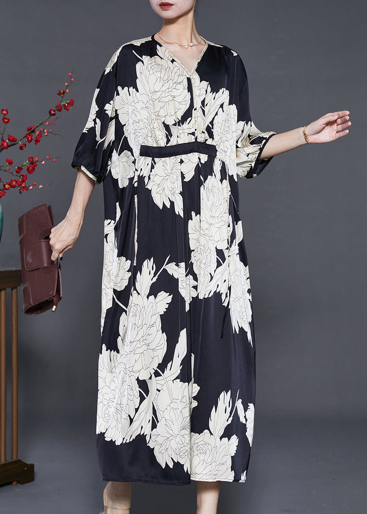 French Black Oversized Print Silk Dresses Summer