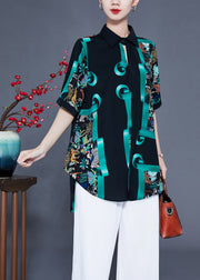 French Black Oversized Print Silk Shirt Top Summer