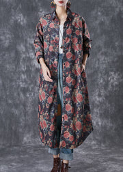 French Black Oversized Rose Print Cotton Shirt Dresses Fall