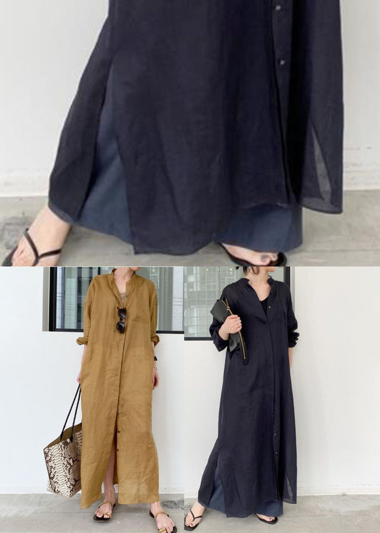 French Black Oversized Side Open Linen Shirt Dresses Spring