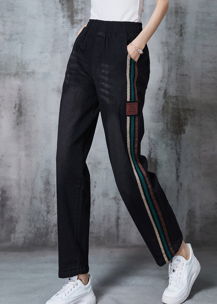 French Black Oversized Striped Denim Pants Summer