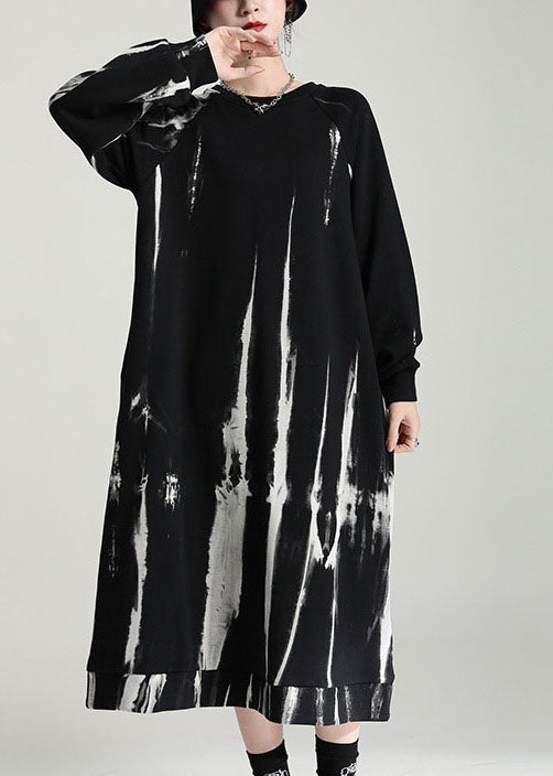 French Black Oversized Tie Dye Cotton Pullover Streetwear Dress Fall