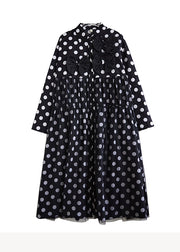 French Black Peter Pan Collar Dot Bow Patchwork Cotton Dresses Fall