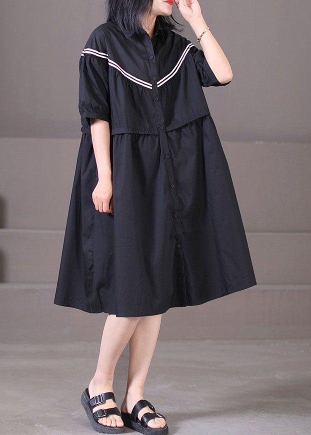 French Black Peter Pan Collar Patchwork Drawstring Cotton Shirt Dress Summer