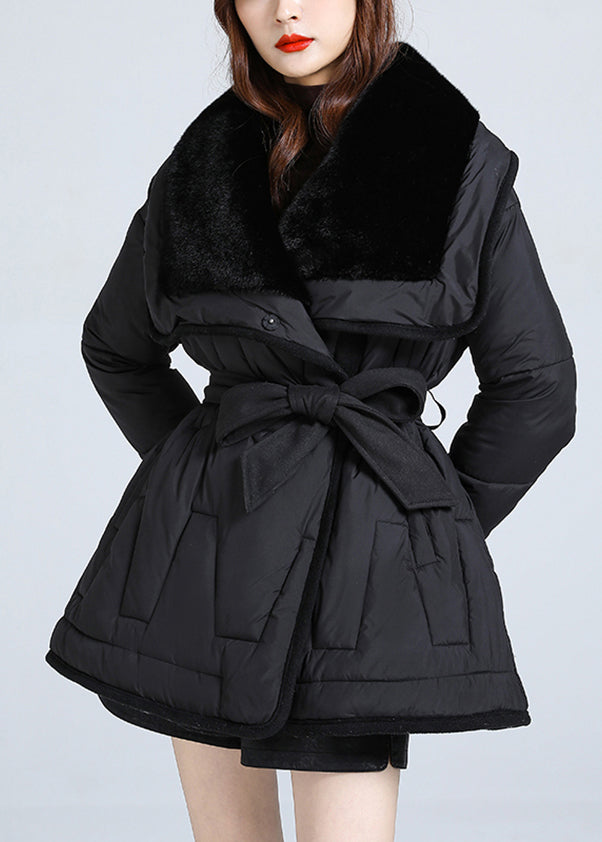 French Black Peter Pan Collar Tie Waist Duck Down Jacket In Winter