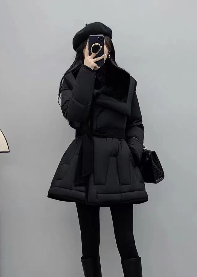 French Black Peter Pan Collar Tie Waist Duck Down Jacket In Winter