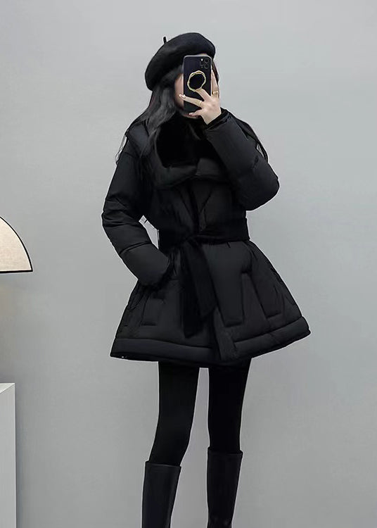 French Black Peter Pan Collar Tie Waist Duck Down Jacket In Winter