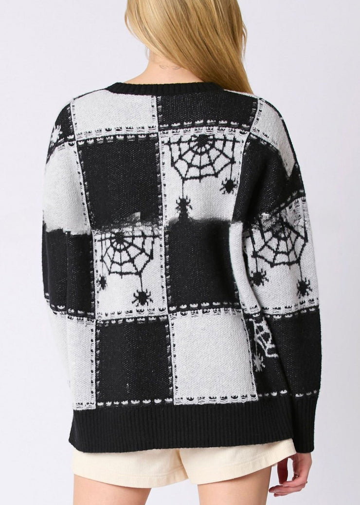 French Black Plaid Cozy Patchwork Knit Sweater Fall