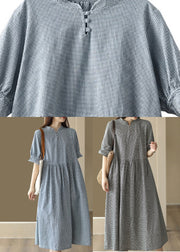 French Black Plaid Stand Collar Linen Long Dress Short Sleeve