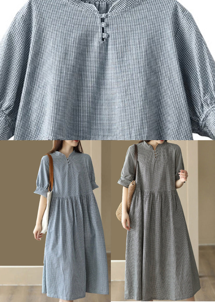 French Black Plaid Stand Collar Linen Long Dress Short Sleeve