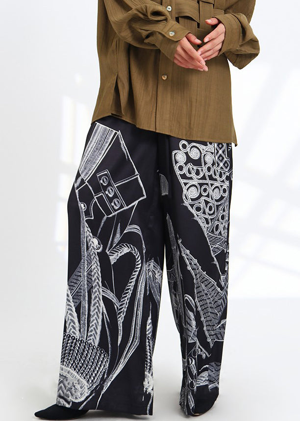 French Black Print Pockets Elastic Waist Silk Pants Spring