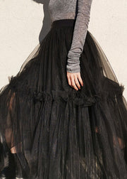 French Black Ruffled High Waist Tulle Skirts Summer