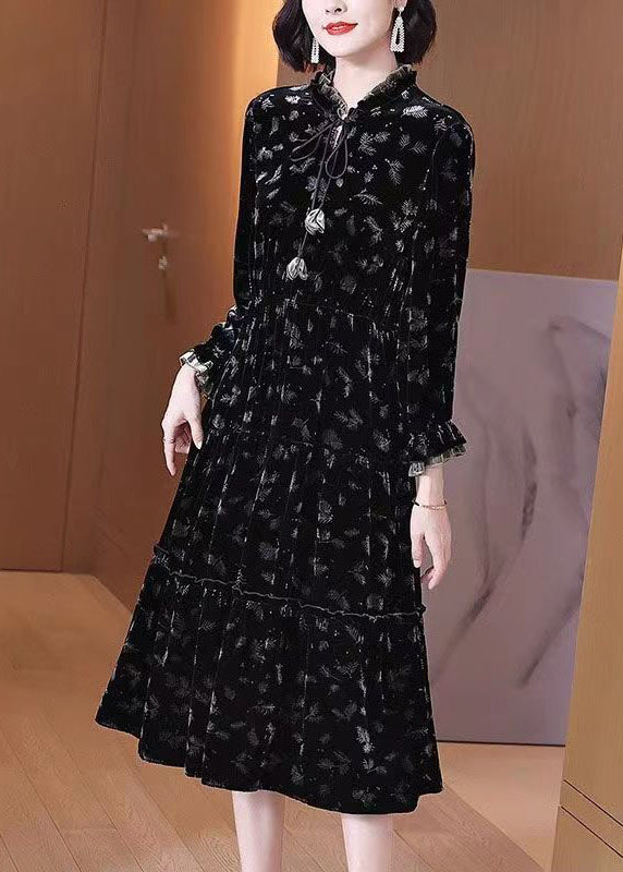 French Black Ruffled Lace Up Print Silk Velour Long Dress Spring